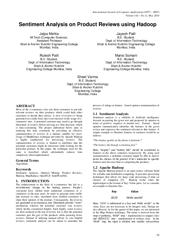 (PDF) Sentiment Analysis on Product Reviews using Hadoop