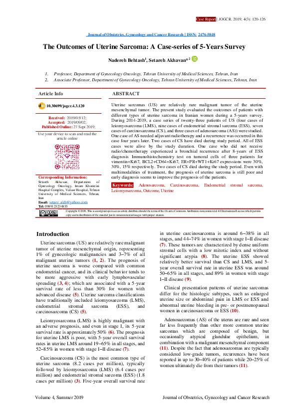 (PDF) The Outcomes of Uterine Sarcoma: A Case-series of 5-Years Survey