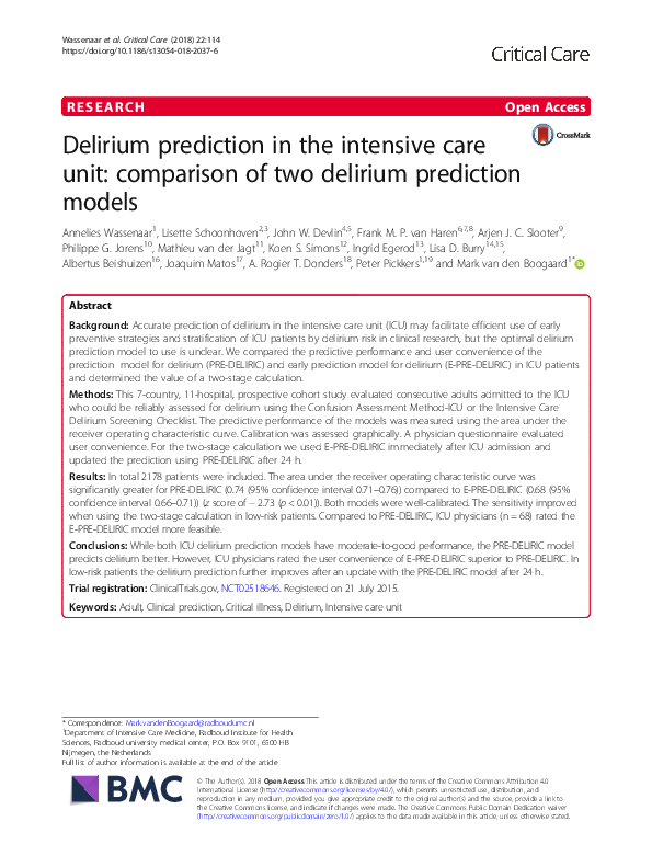 (PDF) Delirium prediction in the intensive care unit: comparison of two ...