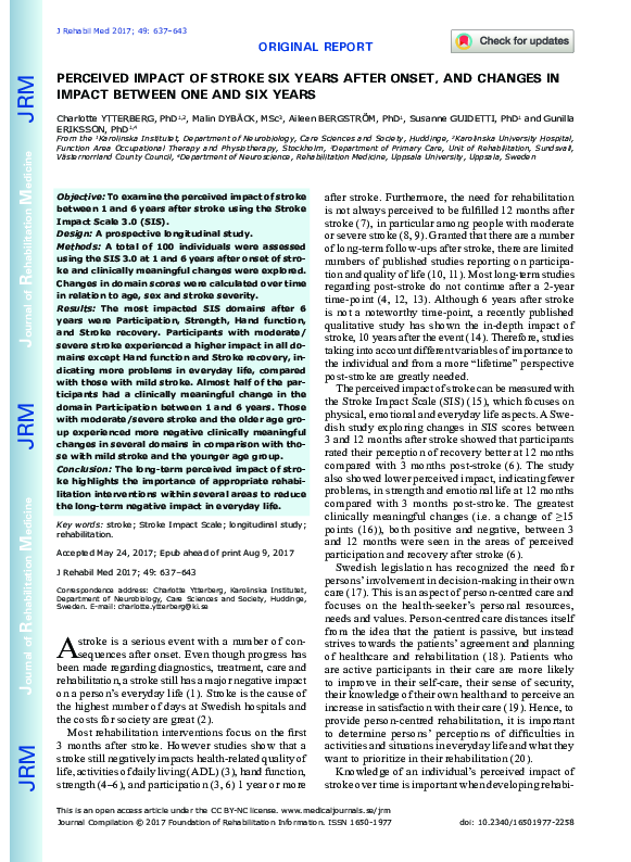 (PDF) Perceived impact of stroke six years after onset, and changes in ...