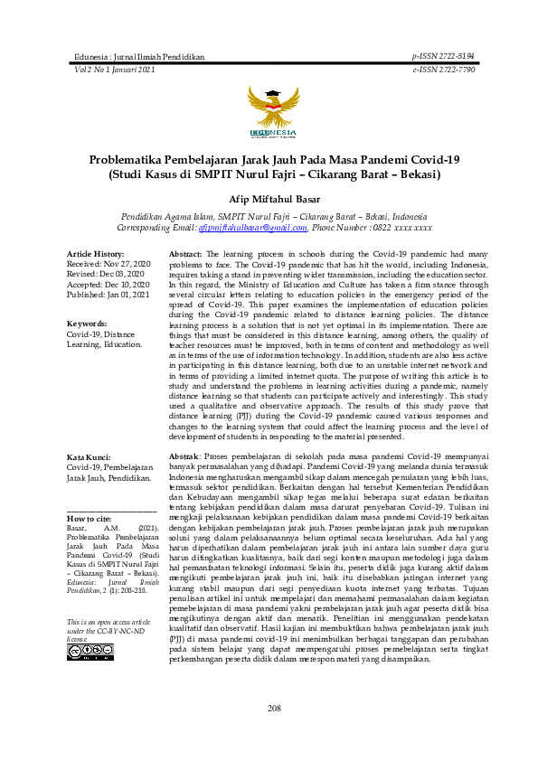 (PDF) Problematika Pembelajaran Jarak Jauh Pada Masa Pandemi Covid-19