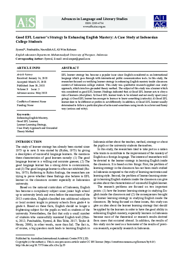(PDF) Good EFL Learner’s Strategy In Enhancing English Mastery: A Case ...