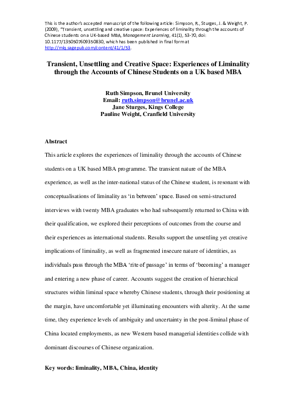(PDF) Liminal Experiences of Chinese MBA Students in UK