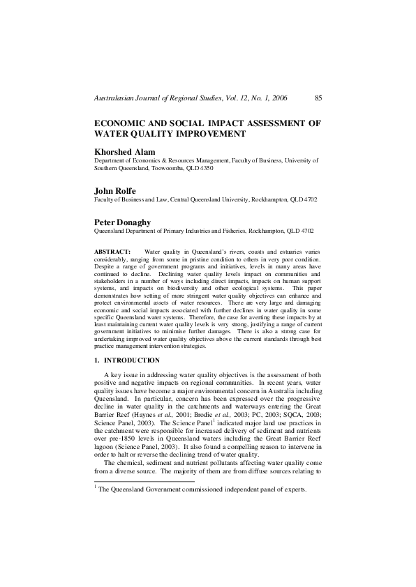 (PDF) Economic and social impact assessment of water quality improvement