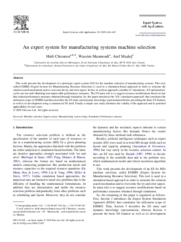 (PDF) An expert system for manufacturing systems machine selection
