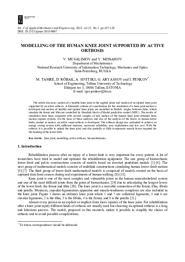 (PDF) Modelling of the Human Knee Joint Supported by Active Orthosis