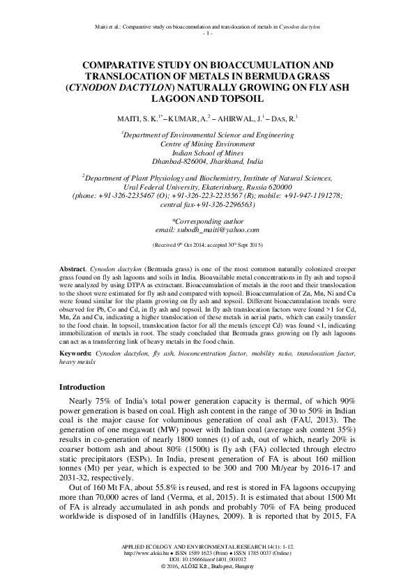 (PDF) Comparative Study on Bioaccumulation and Translocation of Metals