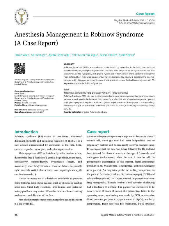 (PDF) Anesthesia management in robinow syndrome (a case report) Hacer