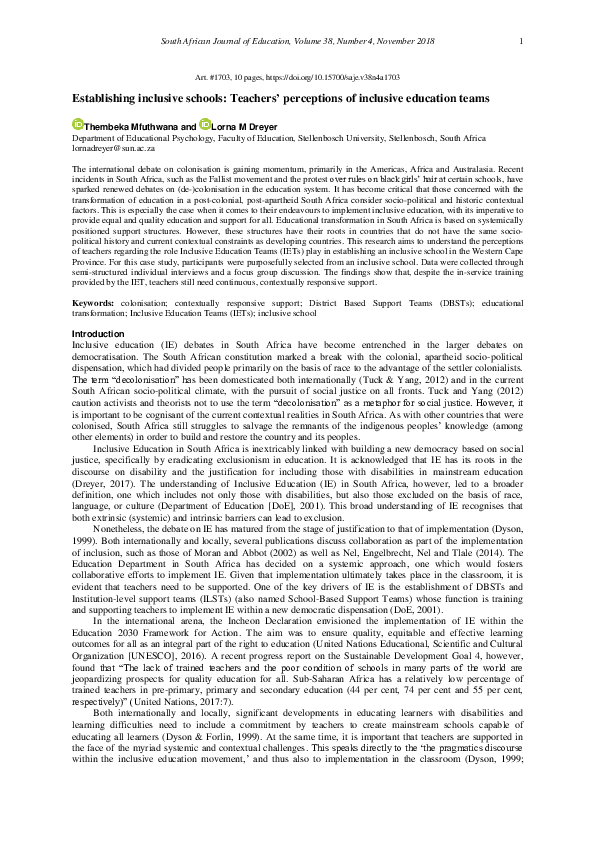 (PDF) Establishing inclusive schools: Teachers’ perceptions of ...