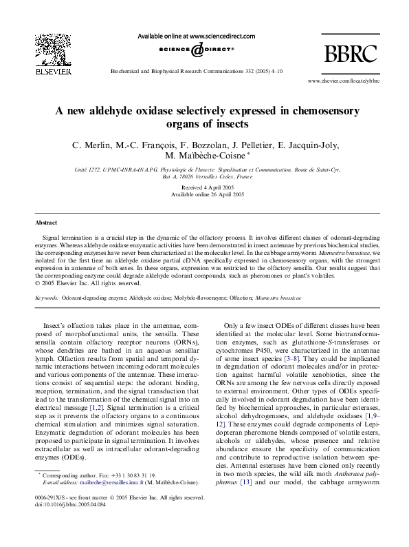(PDF) A new aldehyde oxidase selectively expressed in chemosensory ...