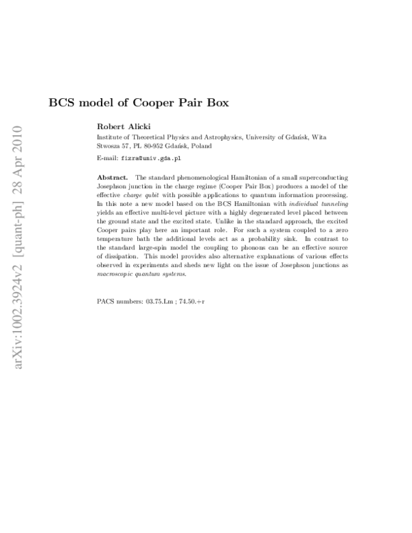 (PDF) BCS model of Cooper Pair Box | Robert Alicki - Academia.edu