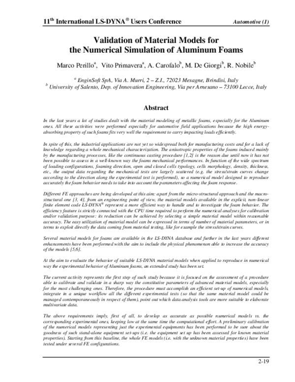 (PDF) Validation of Material Models for the Numerical Simulation of ...
