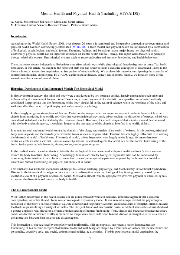 (PDF) Mental Health and Physical Health (Including HIV/AIDS)