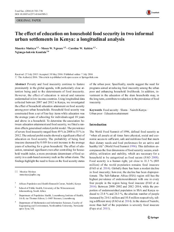 (PDF) The effect of education on household food security in two ...