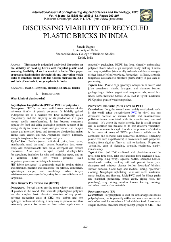 (PDF) Discussing Viability of Recycled Plastic Bricks in India Satwik