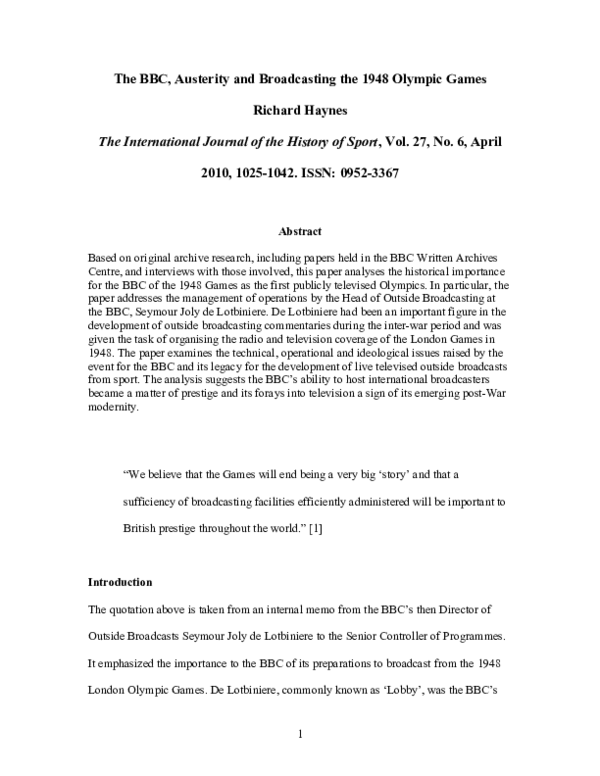 (PDF) The BBC, Austerity and Broadcasting the 1948 Olympic Games
