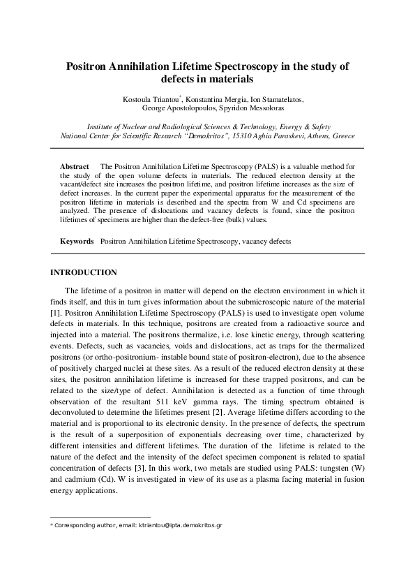 (PDF) Positron Annihilation Lifetime Spectroscopy in the study of ...
