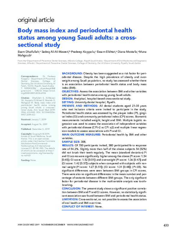 (PDF) Body mass index and periodontal health status among young Saudi ...