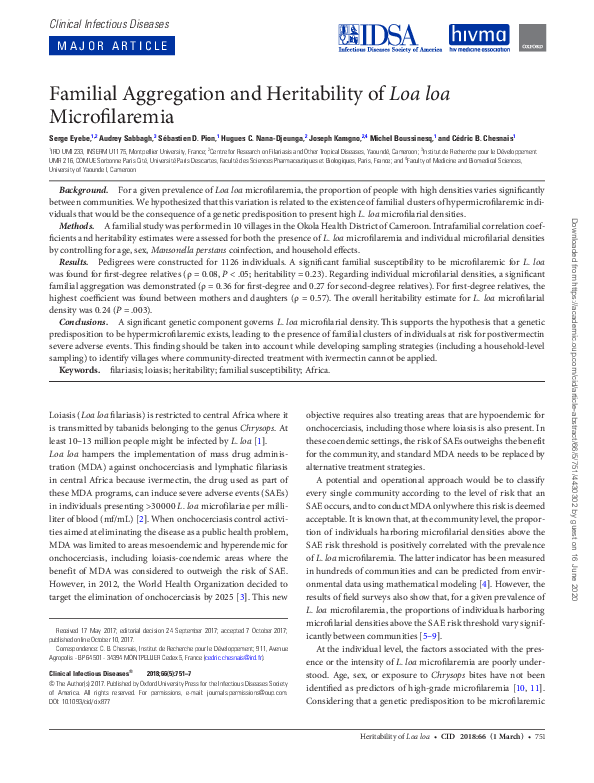 (PDF) Familial Aggregation and Heritability of Loa loa Microfilaremia