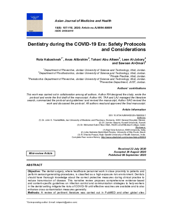 (PDF) Dentistry during the COVID-19 Era: Safety Protocols and ...