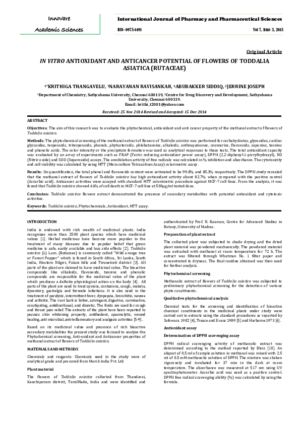 (PDF) In Vitro Antioxidant and Anticancer Potential of Flowers of ...