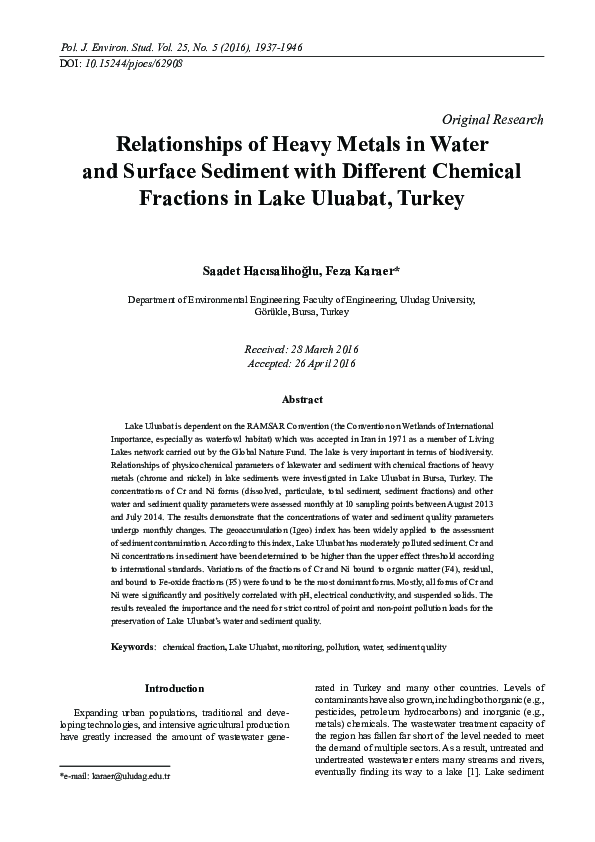 (PDF) Relationships of Heavy Metals in Water and Surface Sediment with ...