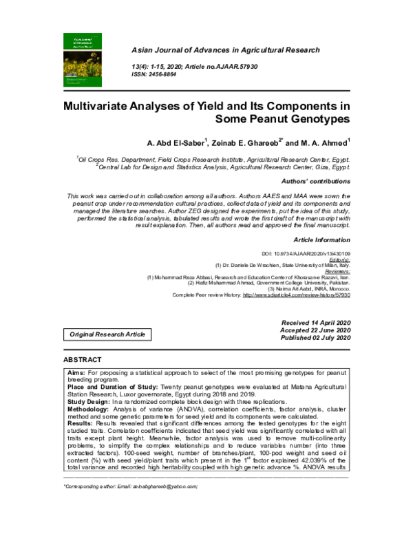 (PDF) Multivariate Analyses of Yield and Its Components in Some Peanut ...