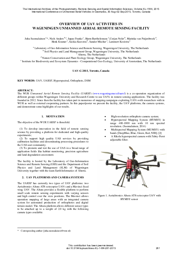 (PDF) Overview of Uav Activities in Wageningen Unmanned Aerial Remote ...