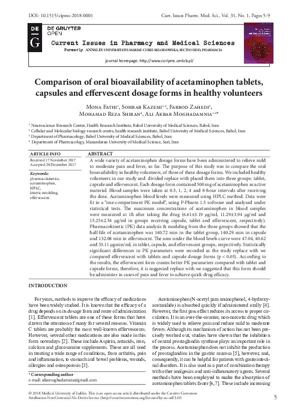 (PDF) Comparison of oral bioavailability of acetaminophen tablets ...