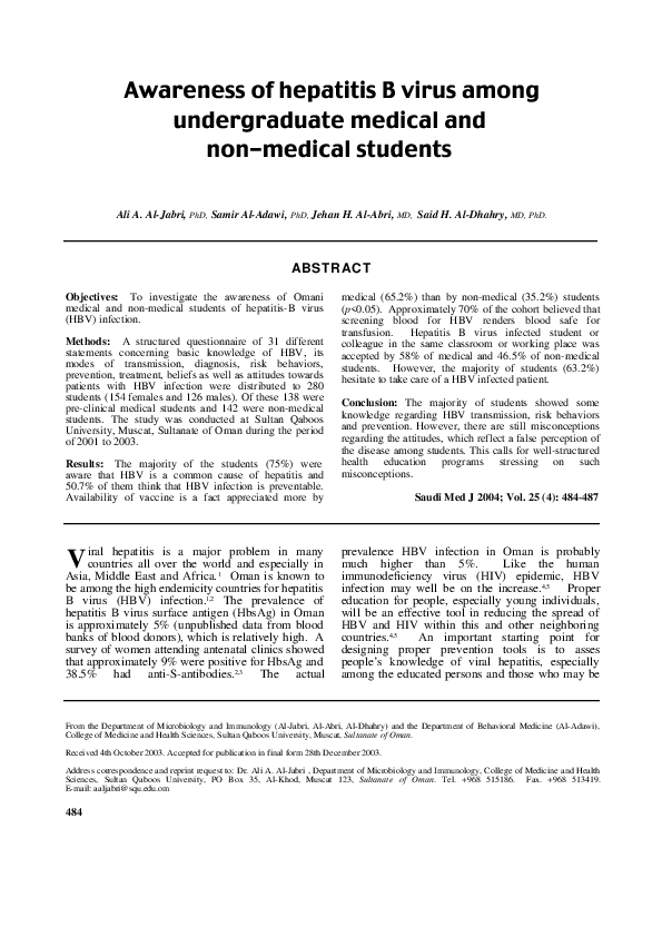 (PDF) Awareness of hepatitis B virus among undergraduate medical and ...