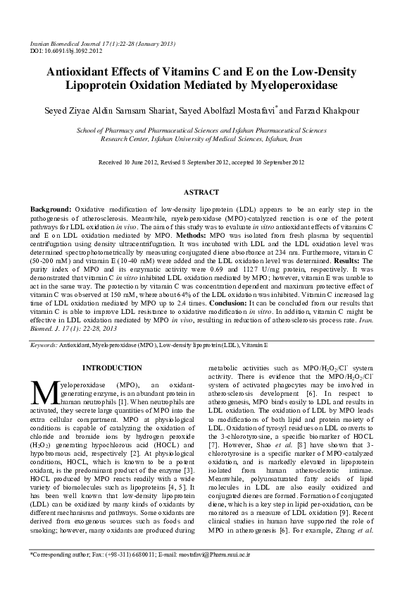 (PDF) Antioxidant effects of vitamins C and e on the low-density ...
