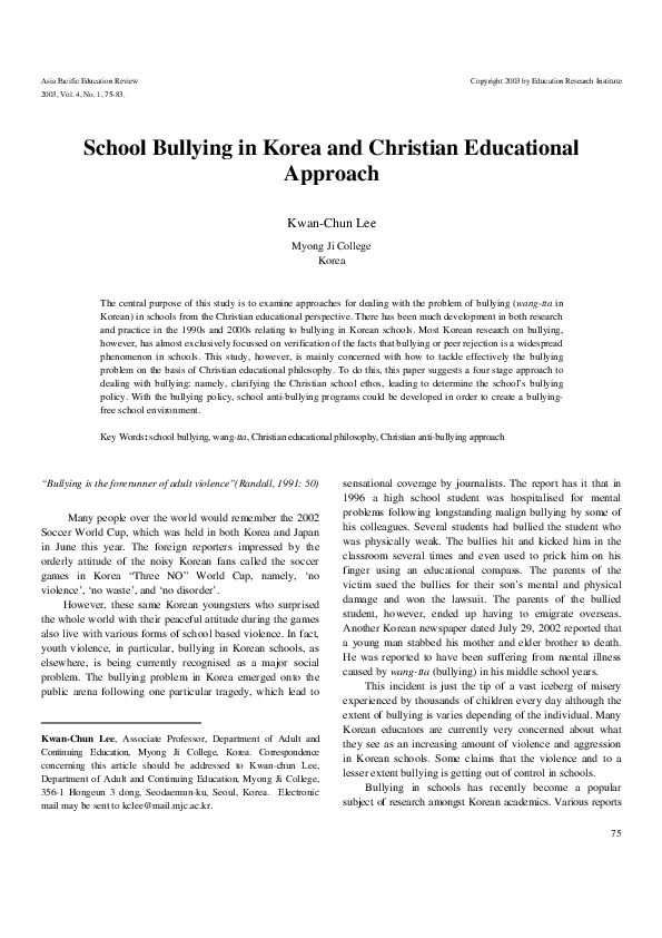 (PDF) School bullying in Korea and christian educational approach