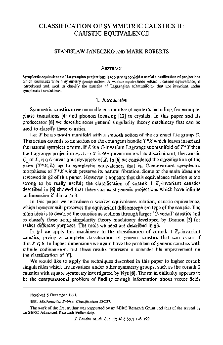 (PDF) Classification of Symmetric Caustics II: Caustic Equivalence
