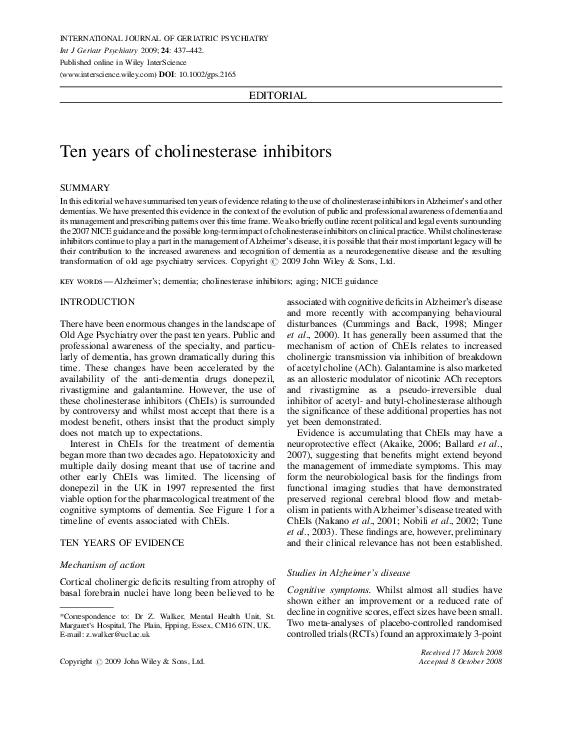 (PDF) Ten years of cholinesterase inhibitors