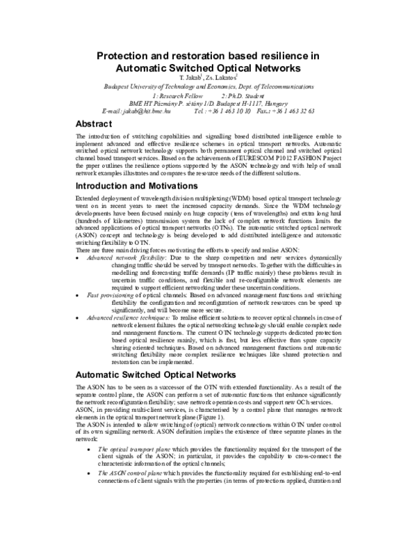 (PDF) Protection and restoration based resilience in Automatic Switched ...