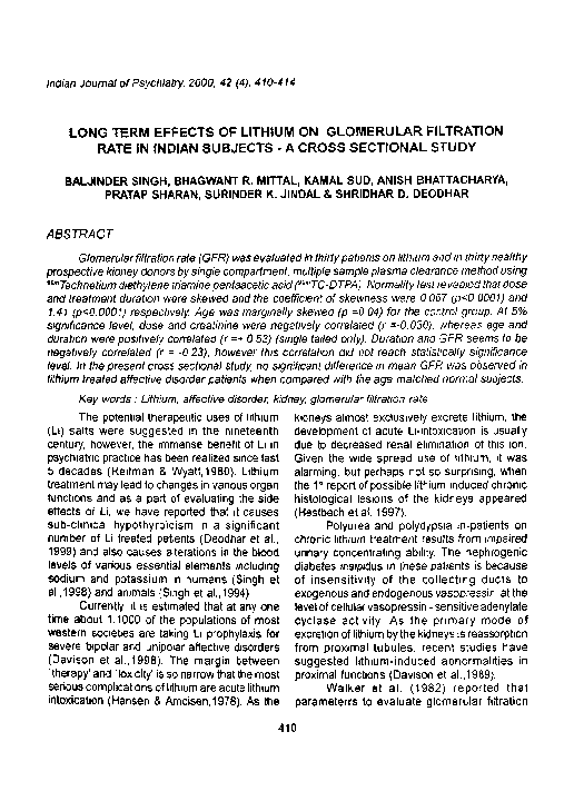 (PDF) Long term effects of lithium on glomerular filtration rate in Indian subjects a cross