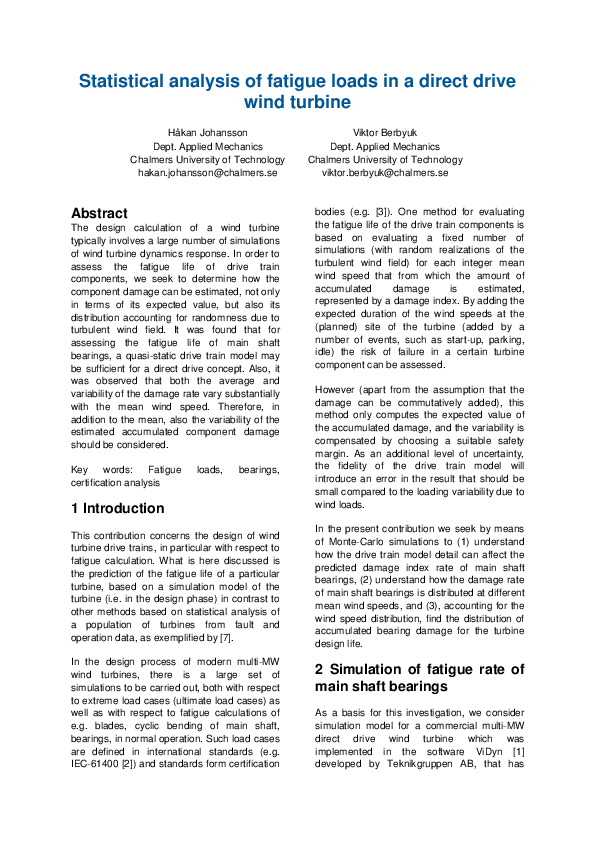 (PDF) Statistical analysis of fatigue loads in a direct drive wind turbine