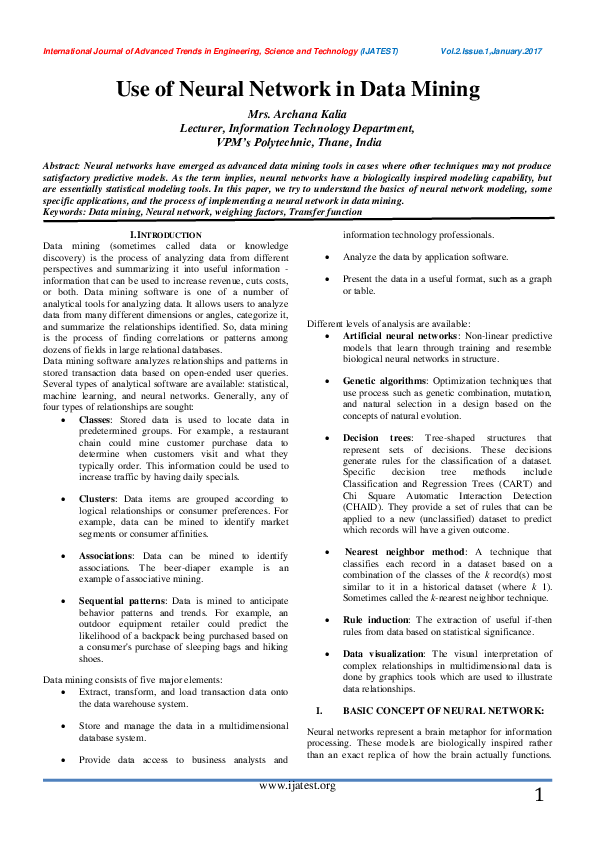 (PDF) Use of Neural Network in Data Mining