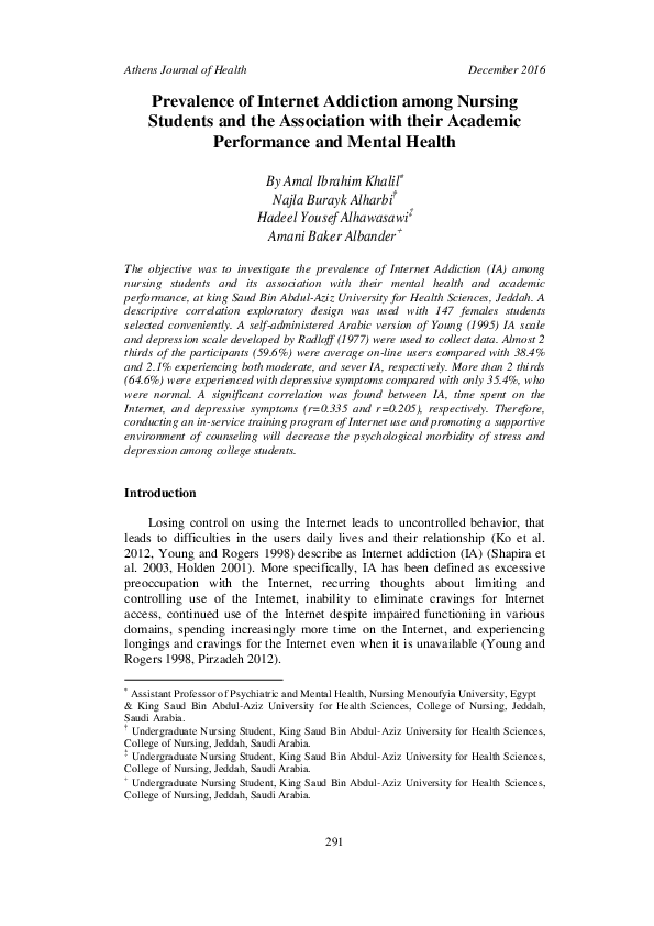 (PDF) Prevalence of Internet Addiction among Nursing Students and the ...