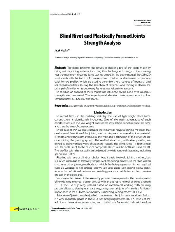 (PDF) Blind Rivet and Plastically Formed Joints Strength Analysis