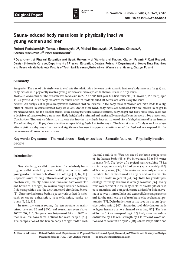 (PDF) Sauna-induced body mass loss in physically inactive young women ...