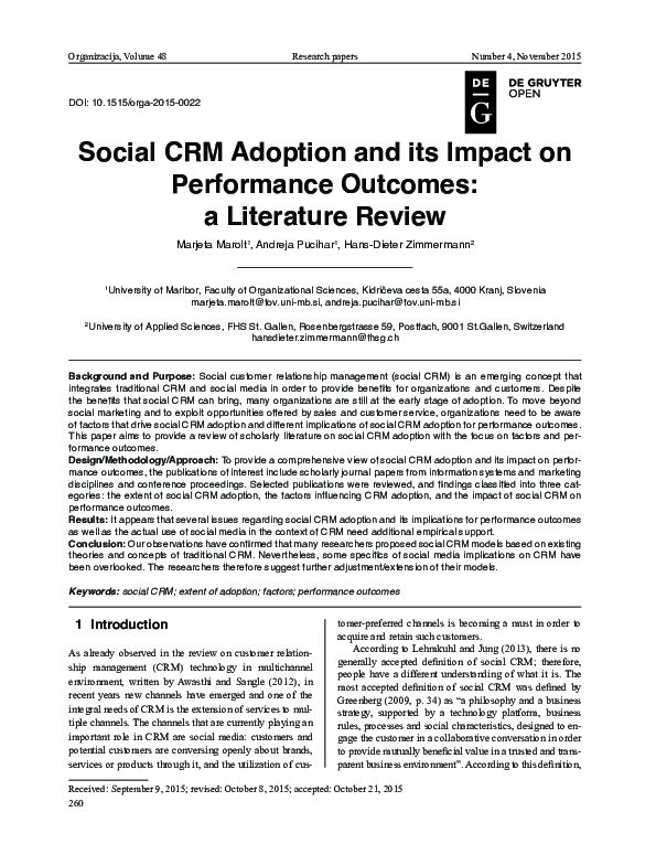 (PDF) Social CRM Adoption and its Impact on Performance Outcomes: a ...