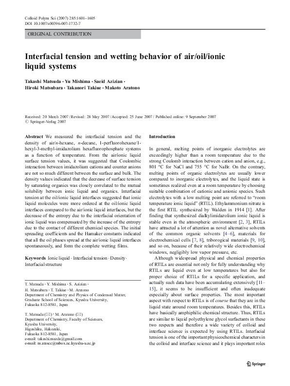 (PDF) Interfacial tension and wetting behavior of air/oil/ionic liquid ...
