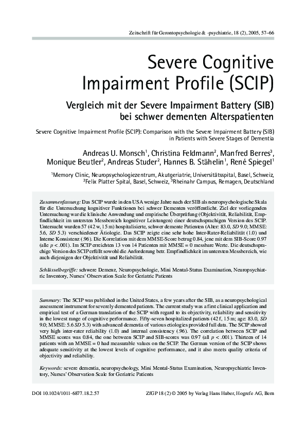 (PDF) Severe Cognitive Impairment Profile (SCIP)