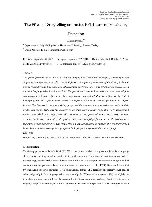 (PDF) The Effect of Storytelling on Iranian EFL Learners’ Vocabulary ...
