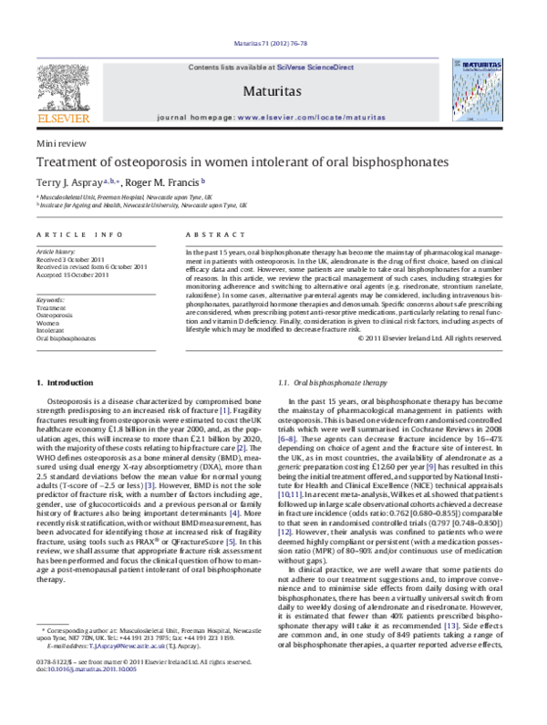 (PDF) Treatment of osteoporosis in women intolerant of oral bisphosphonates