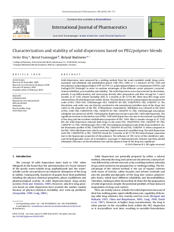 (PDF) Characterization and stability of solid dispersions based on PEG ...