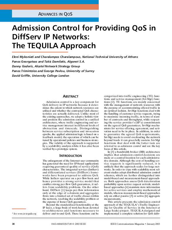(PDF) Admission control for providing QoS in DiffServ IP networks: the ...