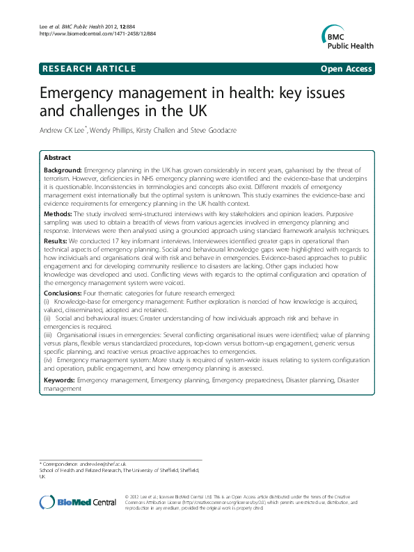 (PDF) Emergency management in health: key issues and challenges in the UK