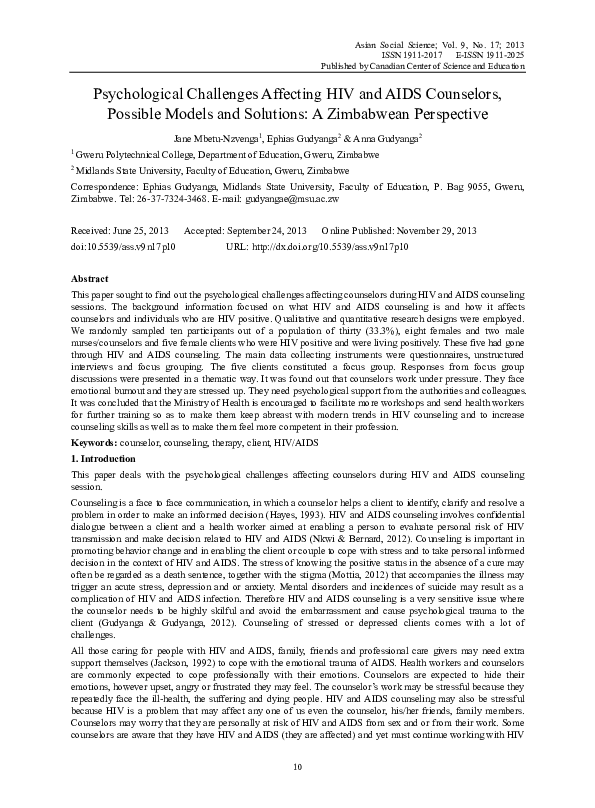 (PDF) Psychological Challenges Affecting HIV and AIDS Counselors ...